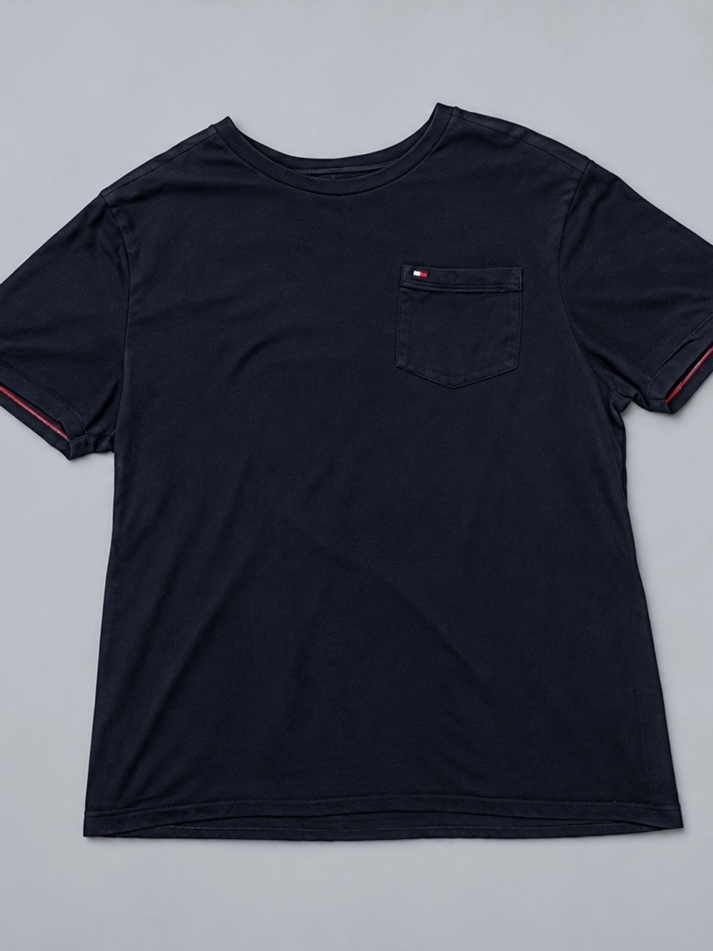 Tommy Hilfiger Navy Pocket Crew Tee with Red Trim On Sleeves
